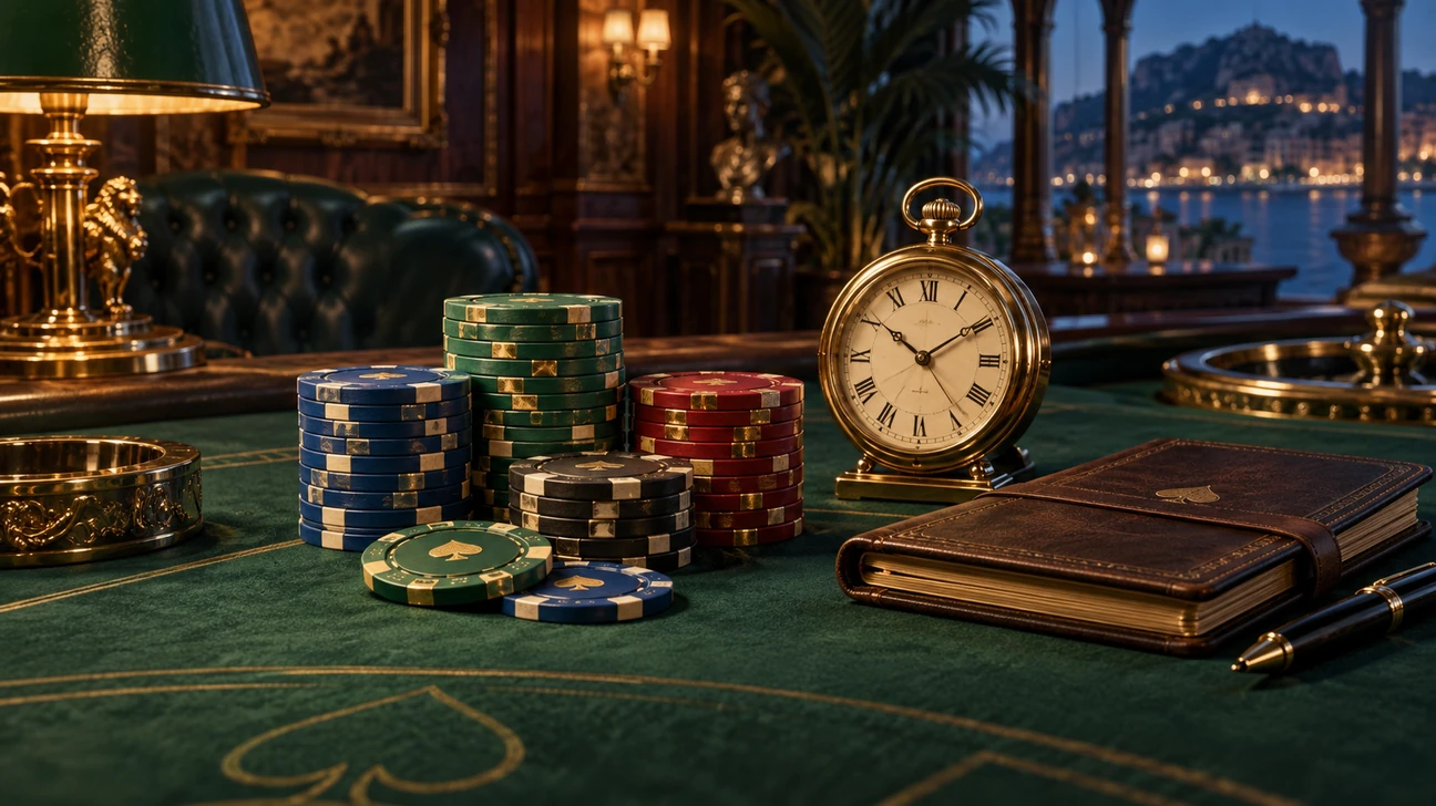 Promotional illustration of modest chip stacks, an analog timer and a closed notebook