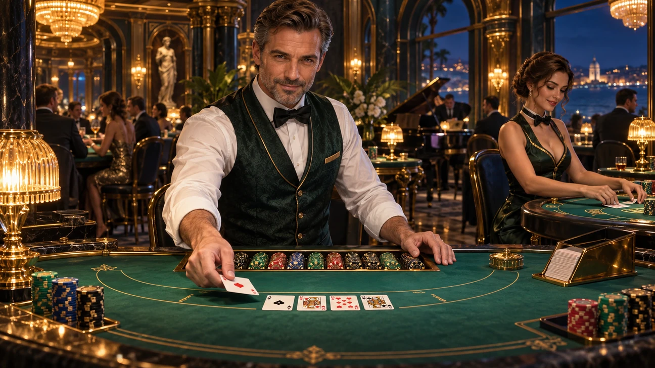 Promotional illustration of two adult dealers at neighboring card tables