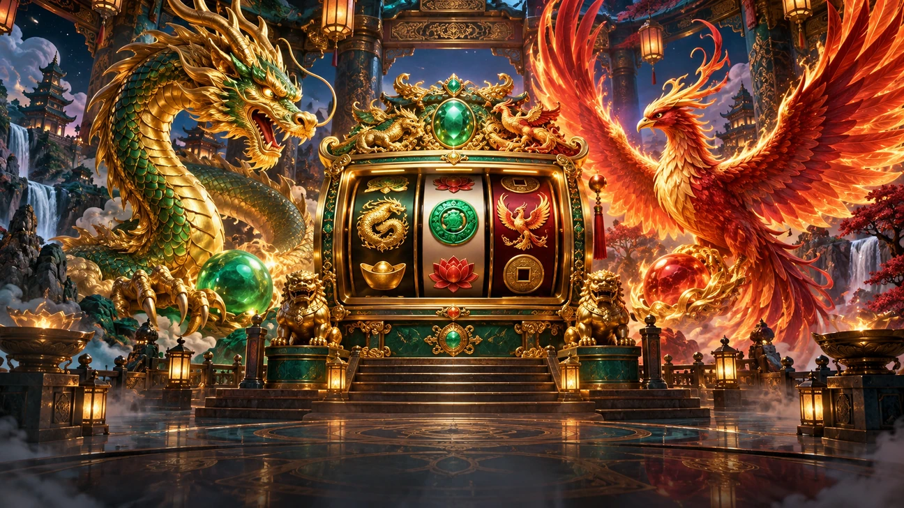 Promotional illustration of a dragon and phoenix flanking a jeweled slot machine