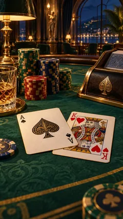 Promotional illustration of an ace of spades and king of hearts on green felt