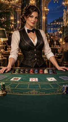 Promotional illustration of an adult female dealer behind an emerald card table