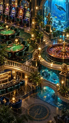 Promotional illustration of a gaming pavilion with card tables, reels, roulette and an aquarium