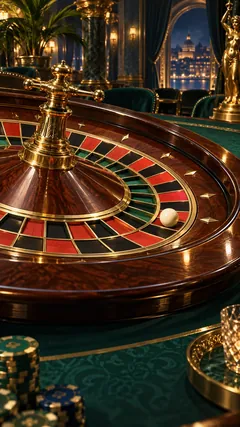 Promotional illustration of a mahogany roulette wheel with an ivory ball