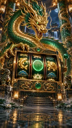Promotional illustration of an emerald dragon around a three-reel slot machine