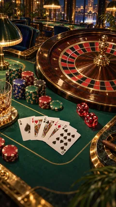 Promotional illustration of green card tables, roulette, chips and dice